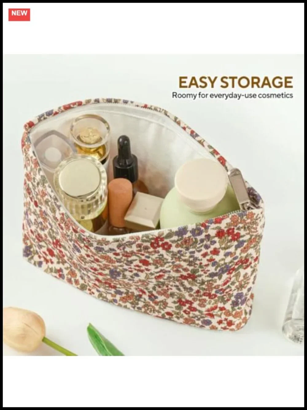 Corduroy Floral Makeup Bag Set of 3, Large Capacity Cosmetic Bags, Travel